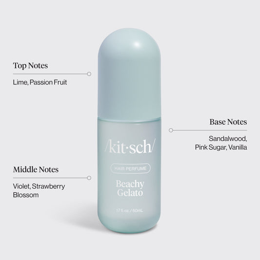 Kitsch Beachy Gelato Hair Perfume scent notes infographic — top, middle, and base fragrance notes