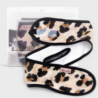 KITSCH Microfiber Spa Headband in Leopard — hero product shot of leopard-print microfiber spa headband — soft, absorbent fabric that holds hair back during skincare