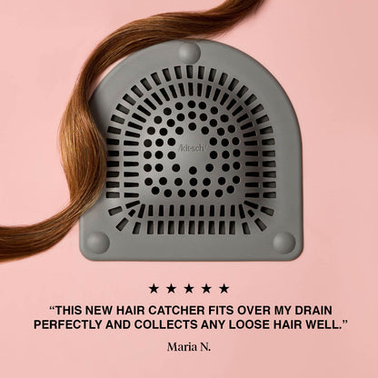 KITSCH Anti-Shedding Hair Essentials Bundle — Hair Catcher feature — gray silicone Hair Catcher in use — traps shed strands at the drain to keep your shower clog-free