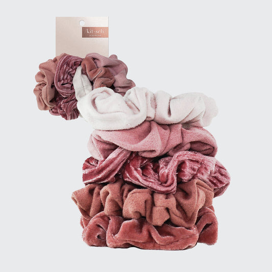 KITSCH Blush & Mauve Velvet Scrunchies 5pc Set — product packaging shot — 5-piece set of plush velvet scrunchies in blush and mauve — gentle on strands, all-day hold for all hair types