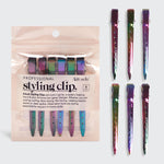 KITSCH Iridescent Styling Hair Clips 6pc Set — hero product shot — six iridescent styling clips displayed beside the branded packaging — pro and at-home sectioning clips