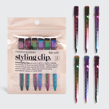 KITSCH Iridescent Styling Hair Clips 6pc Set — hero product shot — six iridescent styling clips displayed beside the branded packaging — pro and at-home sectioning clips