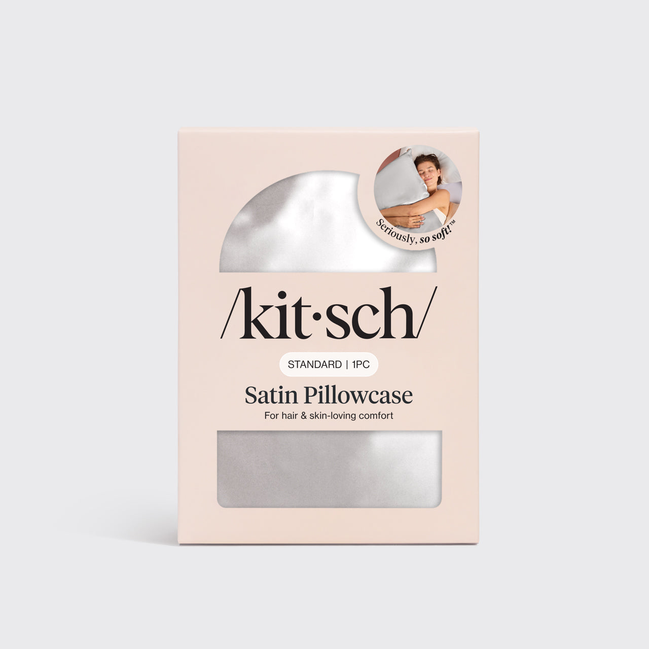 Kitsch Silver Satin Pillowcase folded to highlight the standard size and silver color