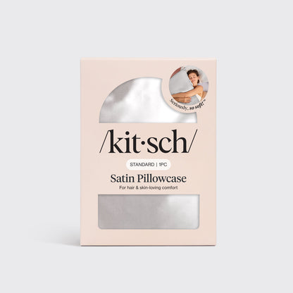 Kitsch Silver Satin Pillowcase folded to highlight the standard size and silver color