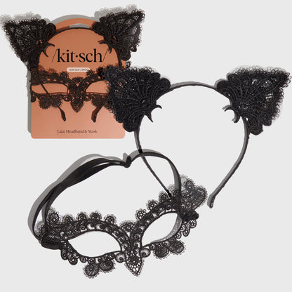 KITSCH Black Cat Lace Headband & Mask — hero product shot of intricate black lace headband and mask set — bold Halloween accessory for a mysterious vibe