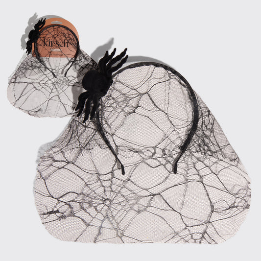 KITSCH Spiderweb Veil Headband — hero product shot of intricate spiderweb lace veil headband — bold Halloween accessory for a fashion-forward finish