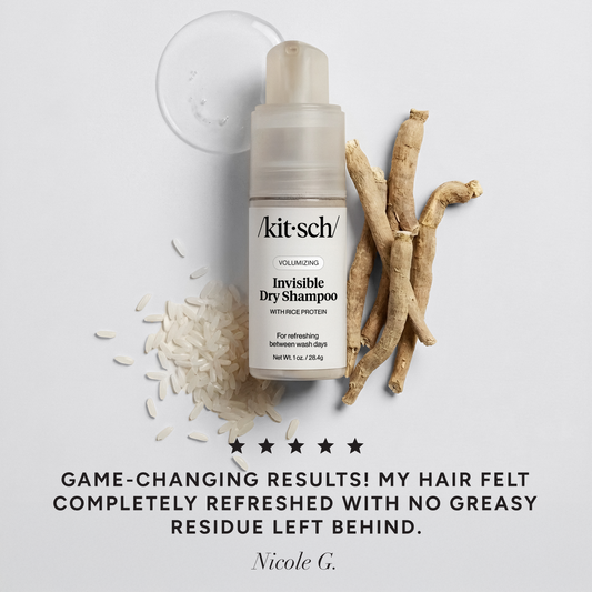 KITSCH Volumizing Rice Protein Dry Shampoo Invisible 1 oz — 5-star customer review graphic — Enriched with rice protein, niacinamide & ashwagandha to help support healthier-feeling hair — non-aerosol pump free from harsh pollutants like butane and propane