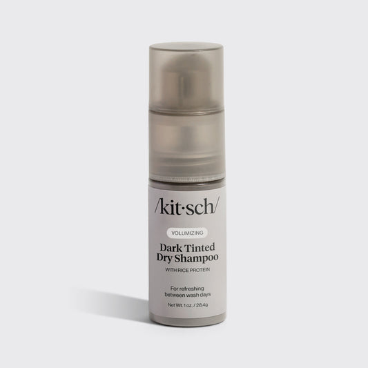 KITSCH Volumizing Rice Protein Dry Shampoo Dark Tinted 1 oz — hero product shot — Brown-tinted powder effortlessly blends into dark hair colors—no white cast nonsense! — extends your hairstyle with instant volume and quick oil absorption