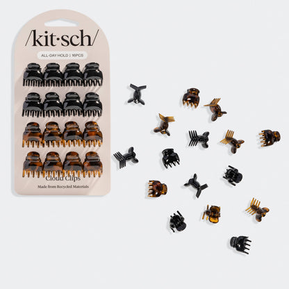 Kitsch Black & Tort Micro Cloud Clip Set packaging with multiple clips scattered on a light grey background