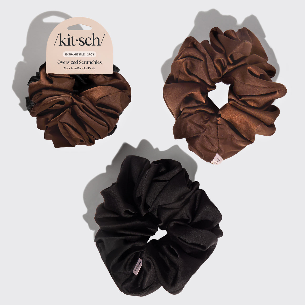 KITSCH Black & Chocolate Oversized Scrunchies — hero product shot — Adds playful volume and instant style to any ponytail or bun — made from soft recycled fabric for eco-friendly style
