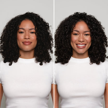KITSCH Glass Hair Shine Serum — before and after front view of model hair — Keeps frizz in check while adding instant shine for an ultra-smooth, glass-like finish — 79% of testers agree Glass Hair Shine Serum kept strands smooth for 24 hours