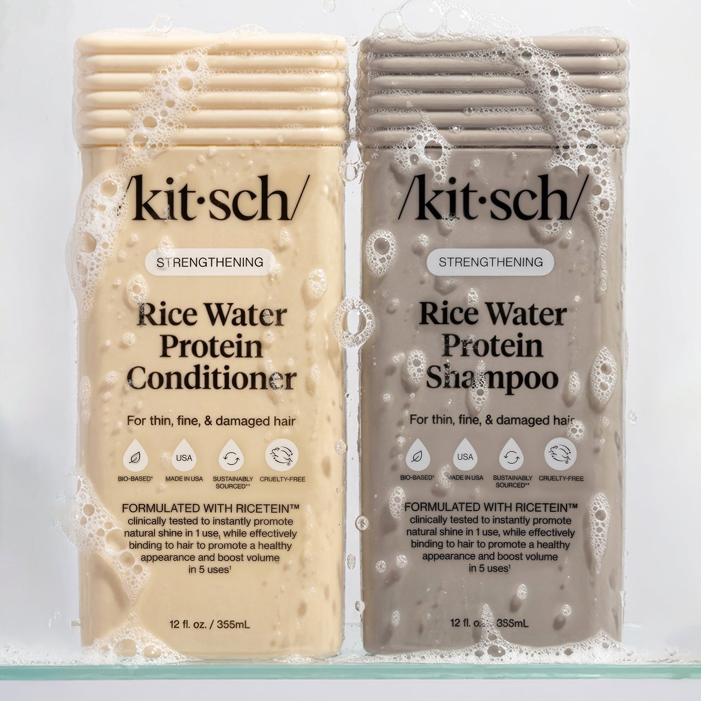 Two bottles of Kitsch Rice Water Protein Shampoo and Conditioner on a light gray background