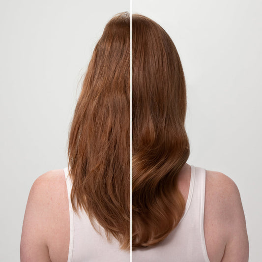 Before and after comparison from behind showing improved volume and fullness after using KITSCH Volumizing Rosemary & Biotin Shampoo and Conditioner