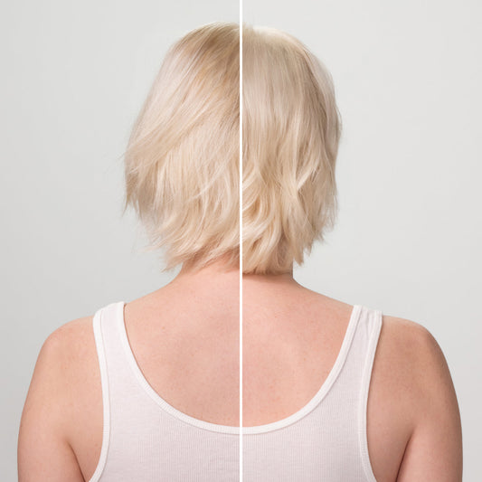 Before and after comparison showing woman with blonde hair from behind — left side before KITSCH Repairing Argan Oil Shampoo & Conditioner, right side showing visibly shinier, smoother, more repaired hair after use — split-screen hair transformation result