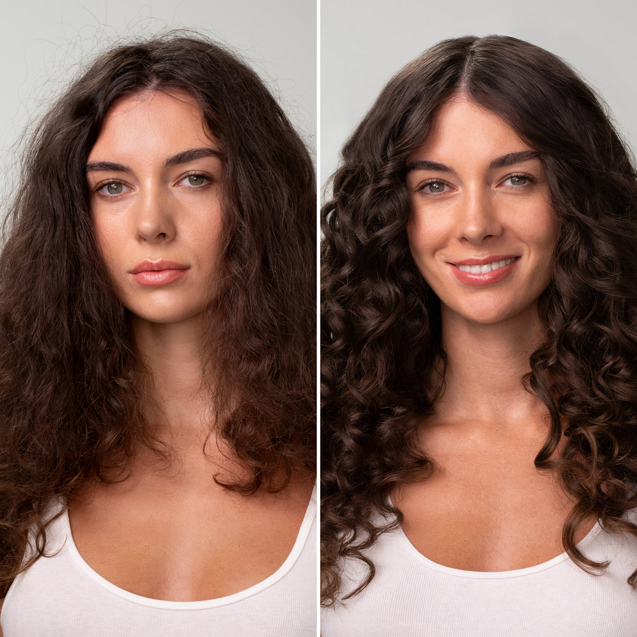 Before and after comparison of a woman with curly hair after using the castor oil liquid conditioner and shampoo with the after noticeably less frizzy, smoother, and with more defined curls,