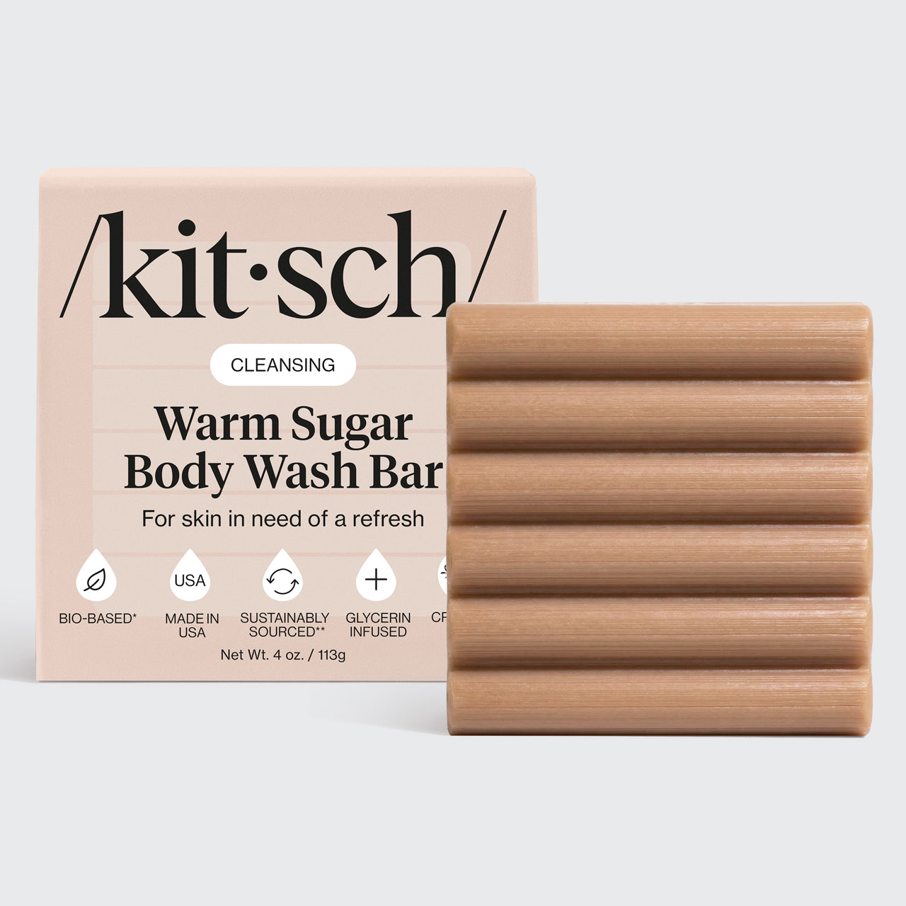 KITSCH Cleansing Warm Sugar Body Wash Bar — hero product shot — Gentle yet effective body wash cleanses without stripping, perfect for daily use — infused with decadent notes of warm vanilla, spun sugar, and pink grapefruit