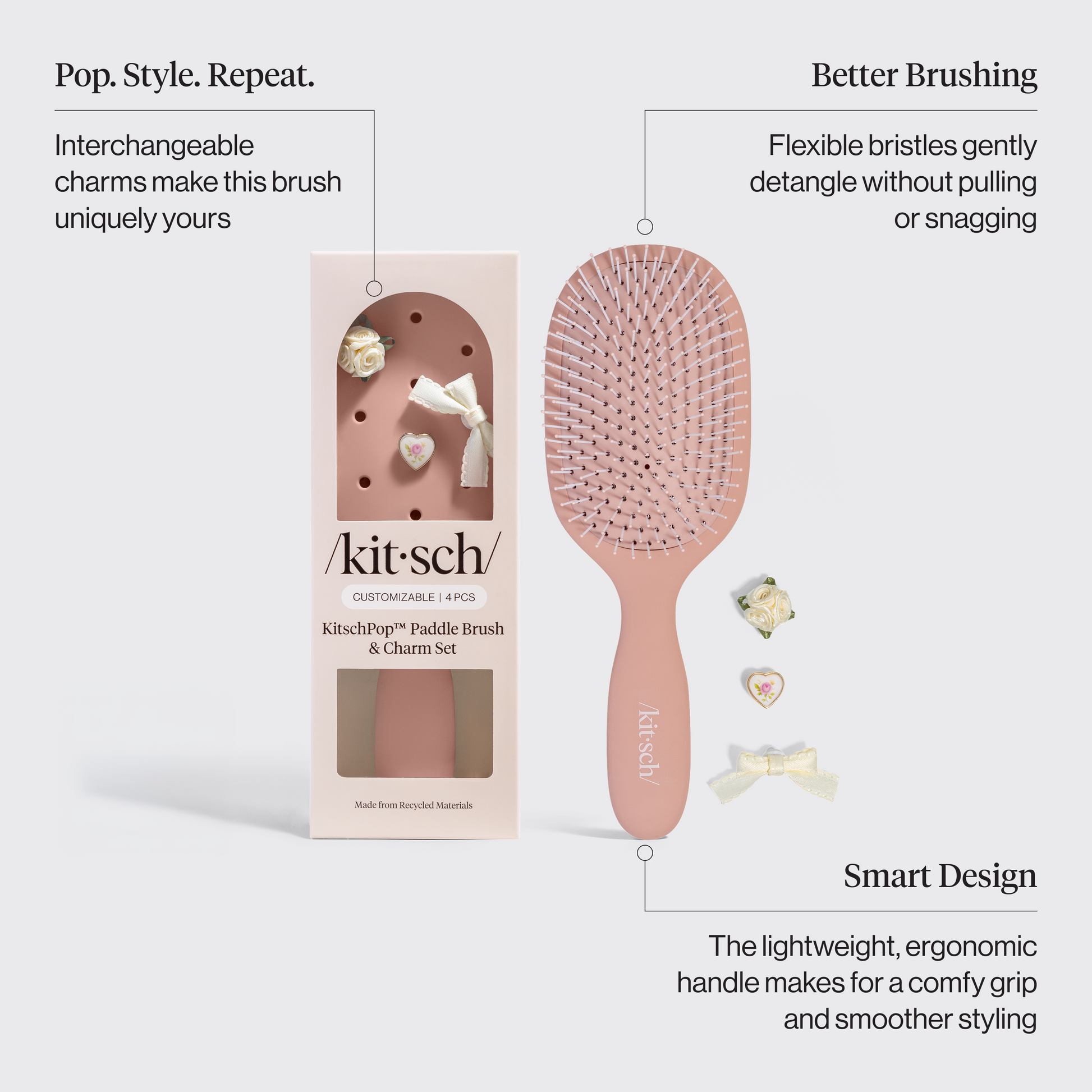 Kitsch KitschPop Paddle Brush in Terracotta infographic showing soft flexible bristles and customizable charm slots