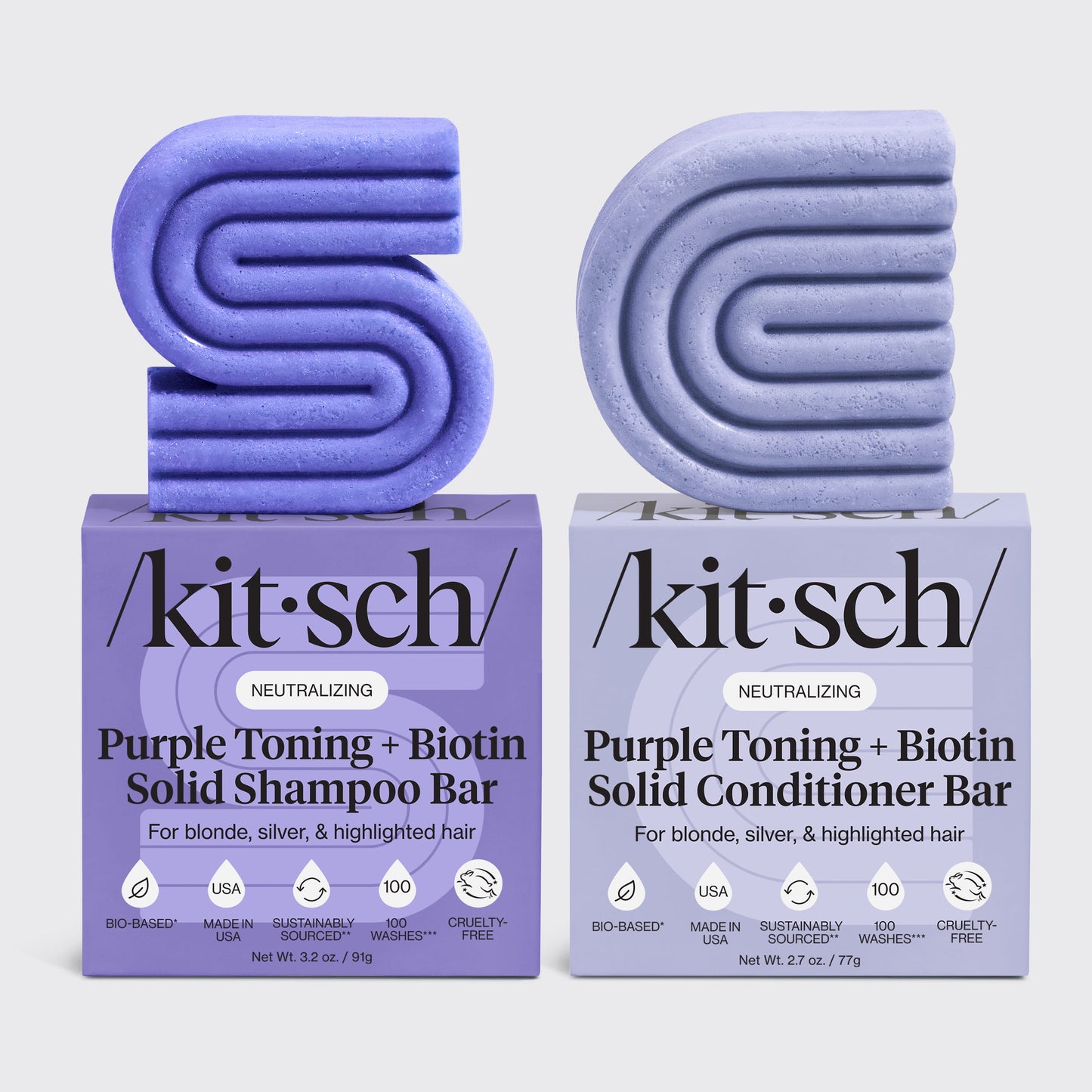 Kitsch Purple Toning + Biotin Solid Shampoo and Conditioner Bar bundle for blonde, silver, and highlighted hair.