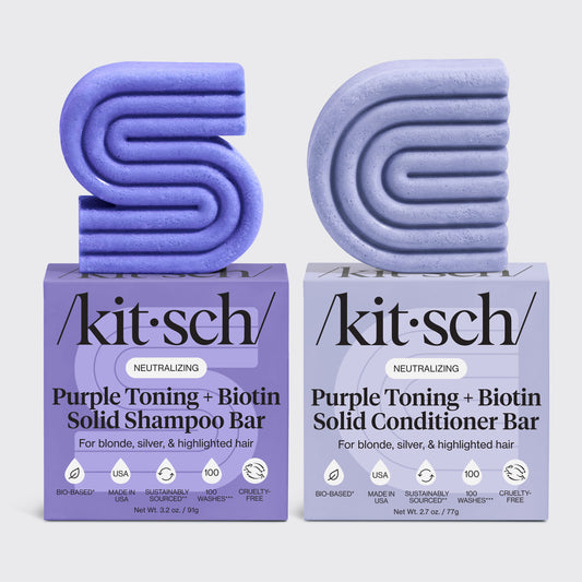 Kitsch Purple Toning + Biotin Solid Shampoo and Conditioner Bar bundle for blonde, silver, and highlighted hair.
