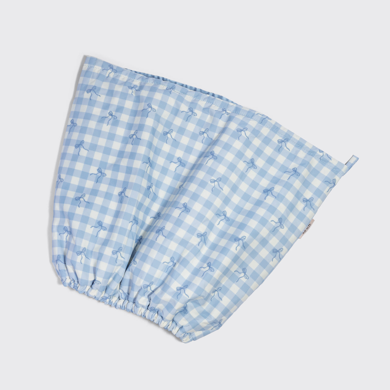 Kitsch Satin-Lined Flexi Shower Cap in Gingham Blue showing the satin lining and adjustable flexible back wire closure