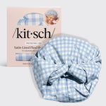 Gingham Blue Satin Lined Flexi Shower Cap