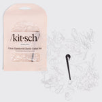 KITSCH No-Snag Elastics 200pcs & Recycled Plastic Elastic Cutter Set — hero shot of the clear no-snag elastics with the black elastic cutter — 200 damage-free elastics in three sizes plus a reusable cutter — gentle hold that won't snag or crease hair
