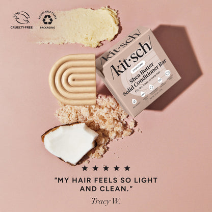 5-star review for KITSCH Shea Butter Hydrating Solid Conditioner Bar — MY HAIR FEELS SO LIGHT AND CLEAN — part of the Bye Buildup Trio