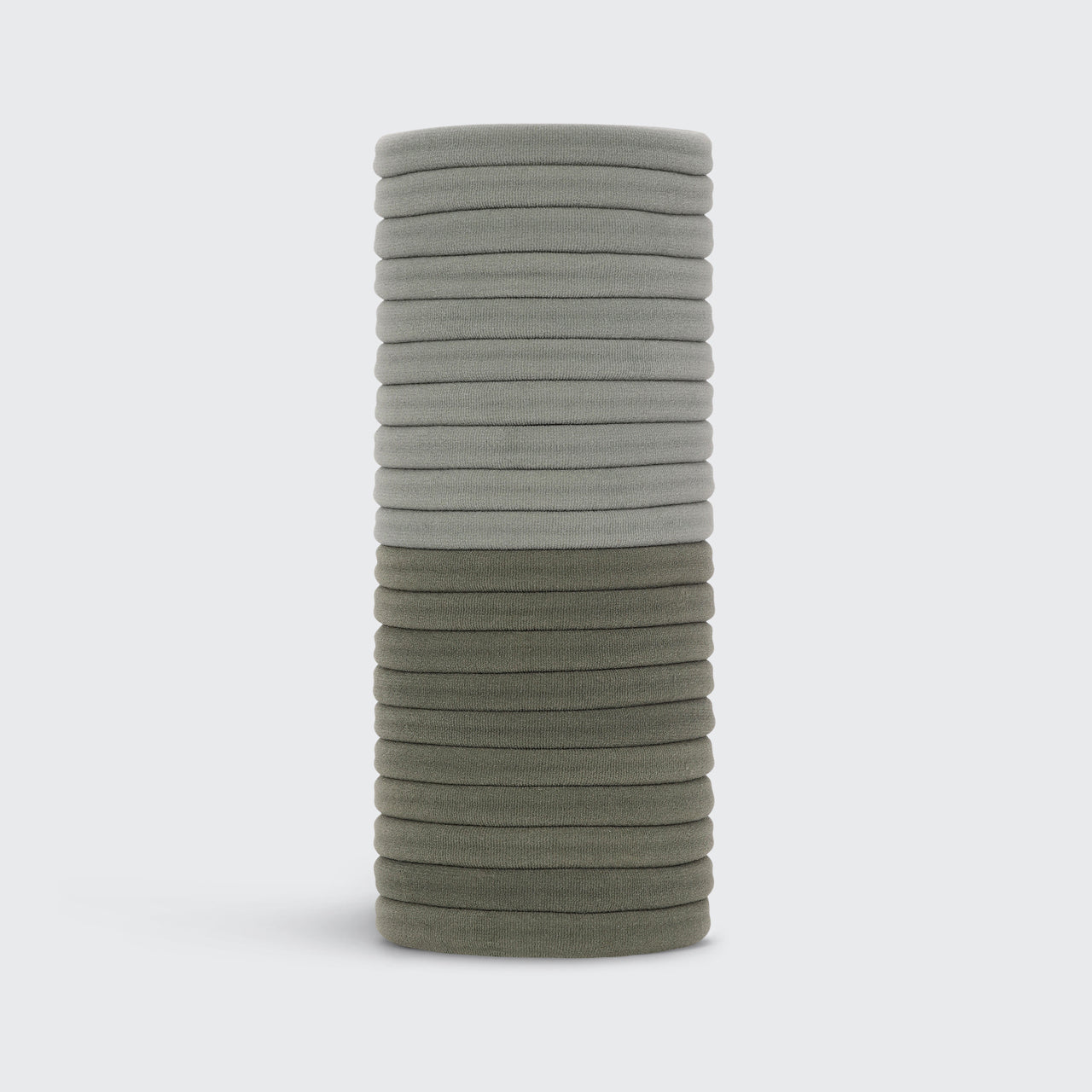 KITSCH Eucalyptus Hair Elastics 20pc Set — product lifestyle shot showing pack of 20 in chic green neutral shades — crafted with 100% recycled nylon — soft and stretchy for a tight, all-day hold