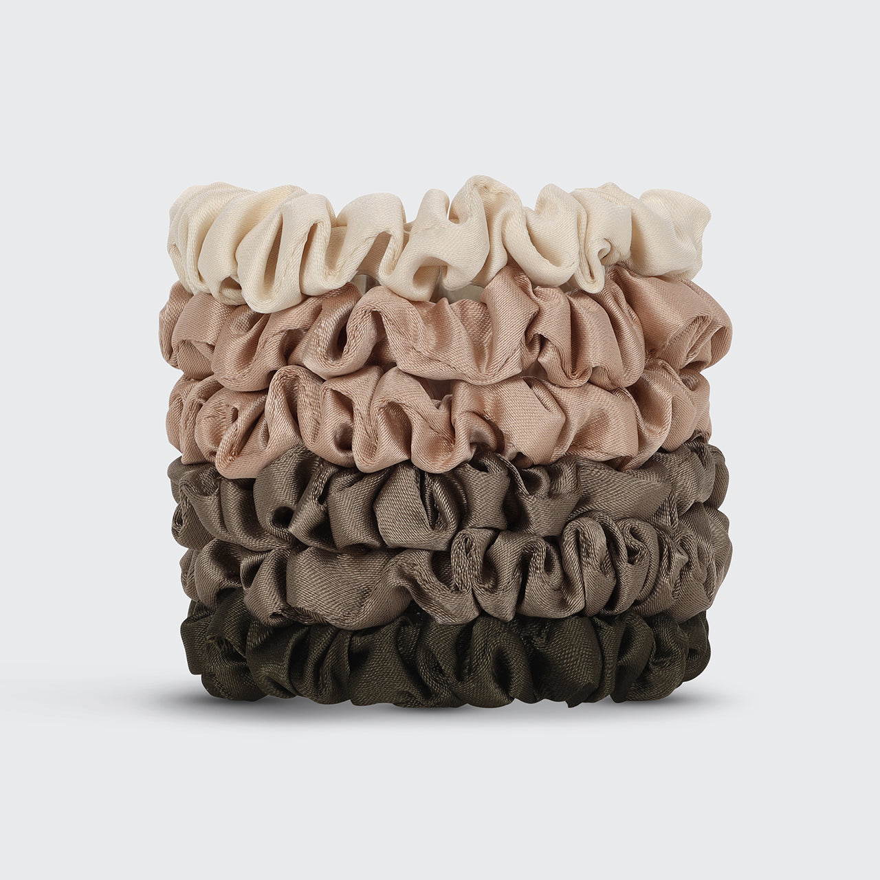 KITSCH Eucalyptus Ultra Petite Satin Scrunchies 6pc Set — product flat lay showing all 6 eucalyptus green mini satin scrunchies — eco-friendly satin for snag-free everyday styling