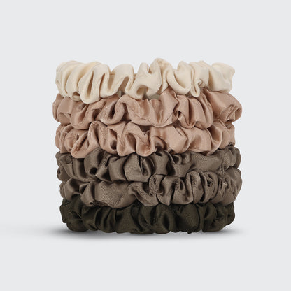 KITSCH Eucalyptus Ultra Petite Satin Scrunchies 6pc Set — product flat lay showing all 6 eucalyptus green mini satin scrunchies — eco-friendly satin for snag-free everyday styling