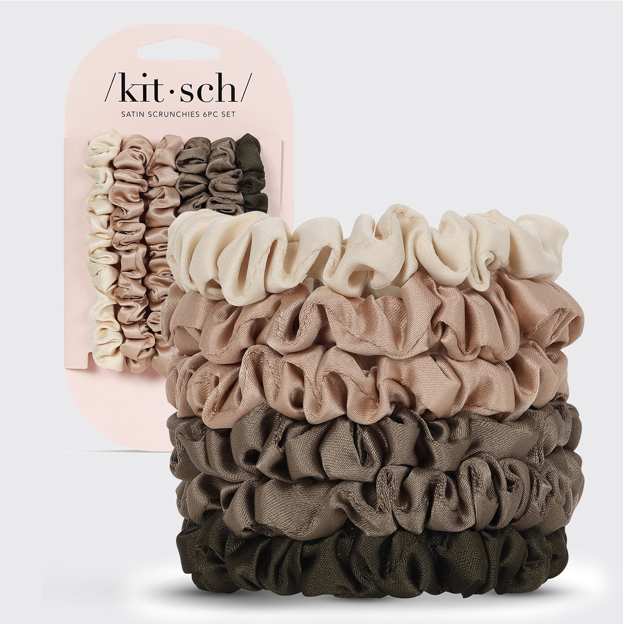 KITSCH Eucalyptus Ultra Petite Satin Scrunchies 6pc Set — hero product shot — 6 mini satin scrunchies in soft eucalyptus green — gentle snag-free hold for all hair types