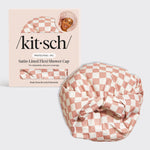 Terracotta Checker Satin-Lined Flexi Shower Cap with packaging, KITSCH