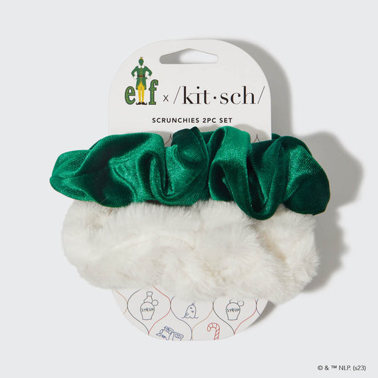 KITSCH Kitsch x elf Scrunchies 2pc Set — product packaging shot — limited-edition e.l.f. x KITSCH collab satin scrunchie duo — gentle snag-free hold for all hair types