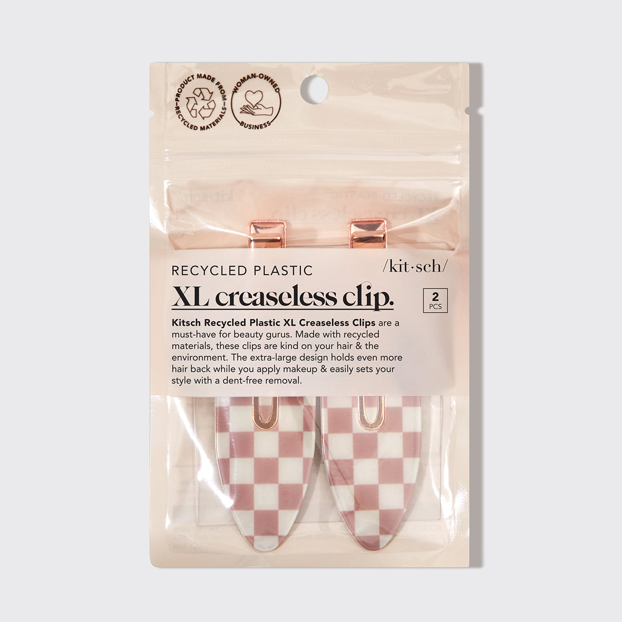 KITSCH XL Creaseless Hair Clips 2pc Terracotta Checker — Packaging