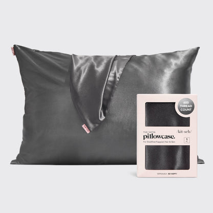 KITSCH Charcoal Standard Satin Pillowcase — hero shot — smooth charcoal satin