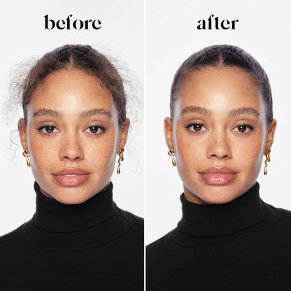 KITSCH Hair Wax Stick — before and after model shot — Tames stubborn strands for a sleek & polished style — all-day hold locks your look in place without texture or greasiness