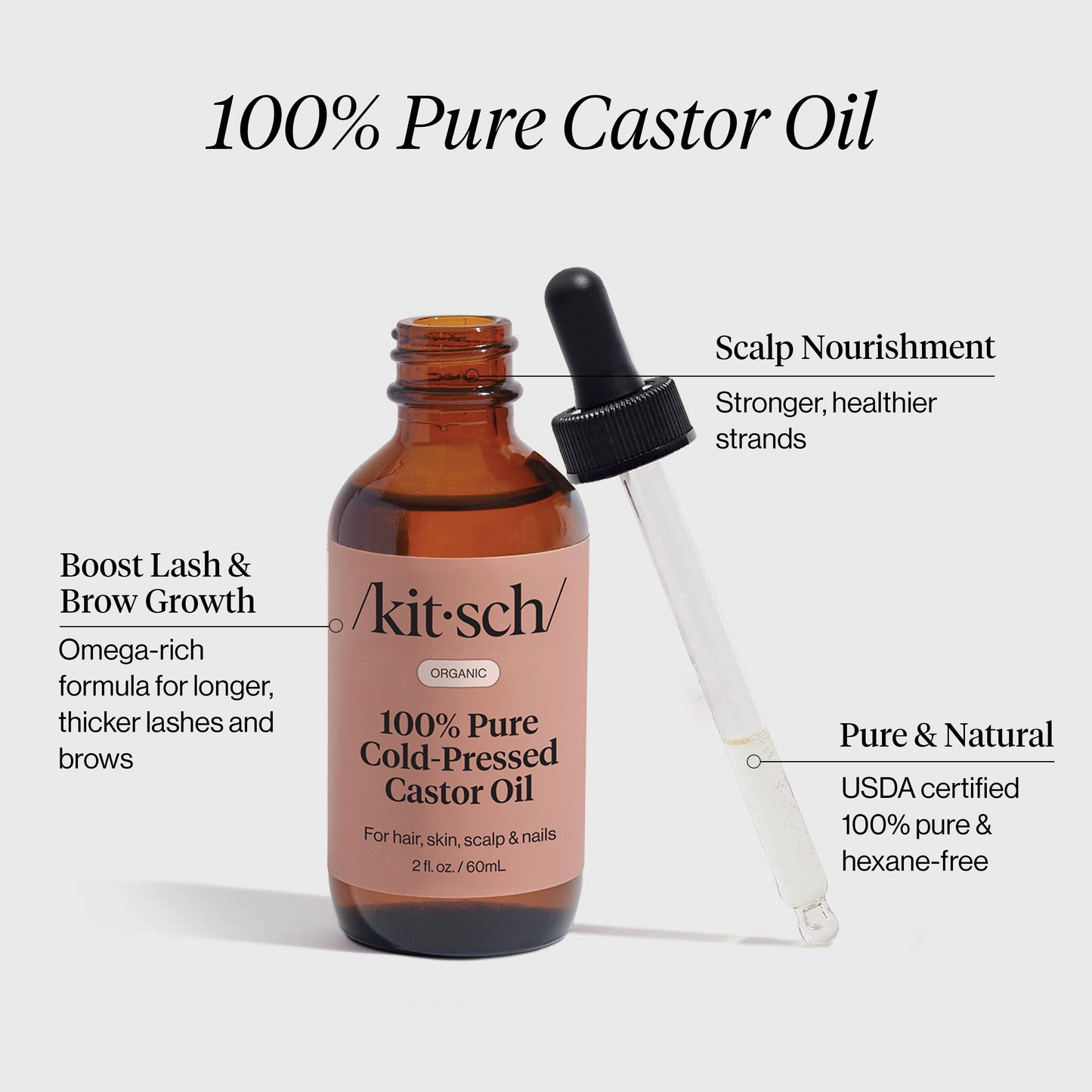 KITSCH 100% Pure Castor Oil 2oz — ingredient-focused product shot — USDA organic, hexane-free, cold-pressed castor oil — may promote fuller-looking hair, lashes, and brows