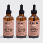 KITSCH 100% Pure Castor Oil 3-Pack — hero product shot — USDA organic, 100% pure castor oil cold-pressed to maintain its rich source of antioxidants — may help promote fuller-looking hair, longer-looking lashes, thicker-looking brows