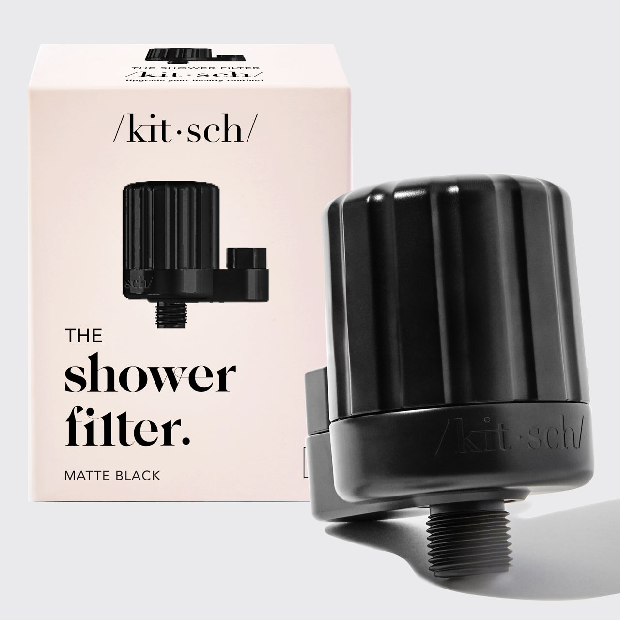 KITSCH Shower Filter Black — hero product shot — matte black shower filter attachment with KDF-55 filtration — reduces chlorine & impurities — easy install no tools needed