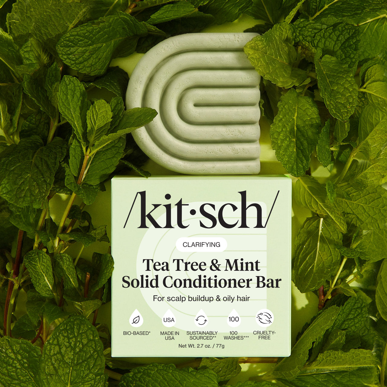 KITSCH Tea Tree & Mint Clarifying Conditioner Bar in use – bottle-free conditioner that detoxes buildup and refreshes oily scalp