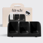 Kitsch Self-Draining Triple Soap Dish in black with product packaging for storing shampoo, conditioner, and body wash bars.