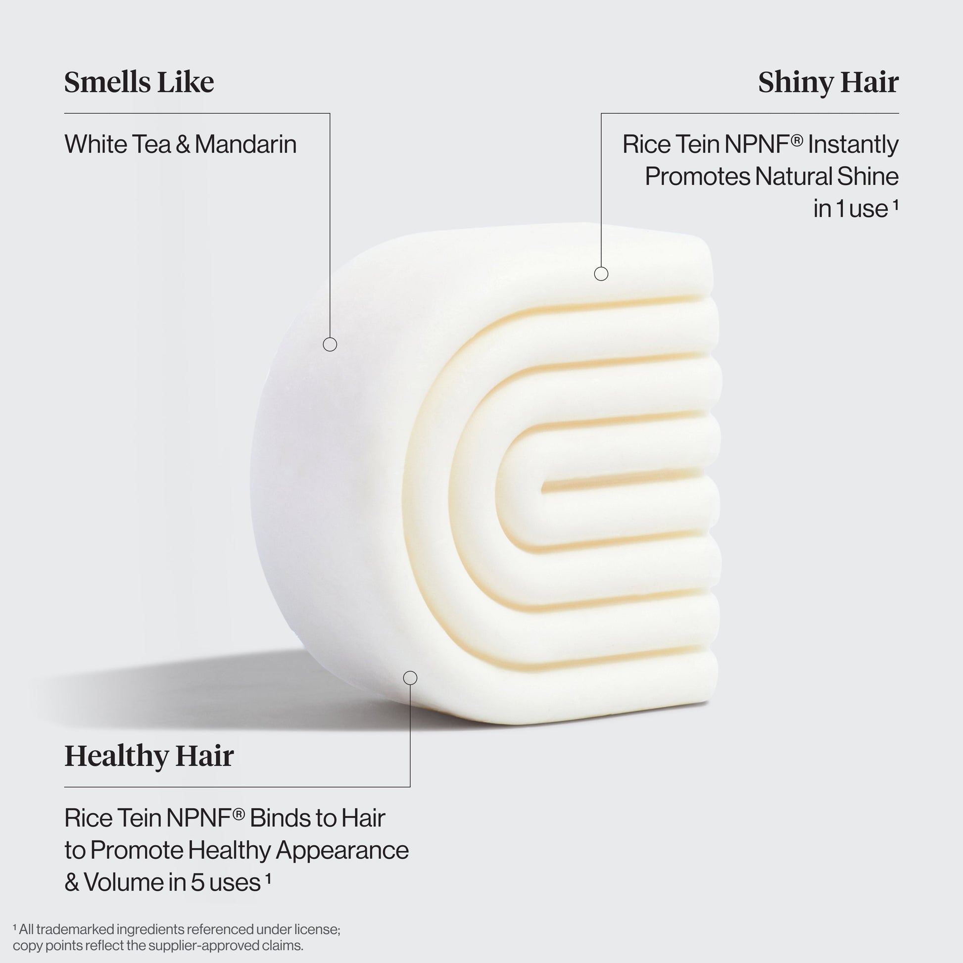 Kitsch Rice Water Conditioner Bar benefits diagram showing white tea and mandarin scent, Rice Tein NPNF for instant shine, and healthy hair volume - bio-based solid conditioner bar clinically proven to increase hair volume by 20% after 5 washes. For thin, fine, and damaged hair. Cruelty-free, made in USA, 100 washes, 3.2 oz / 91g.