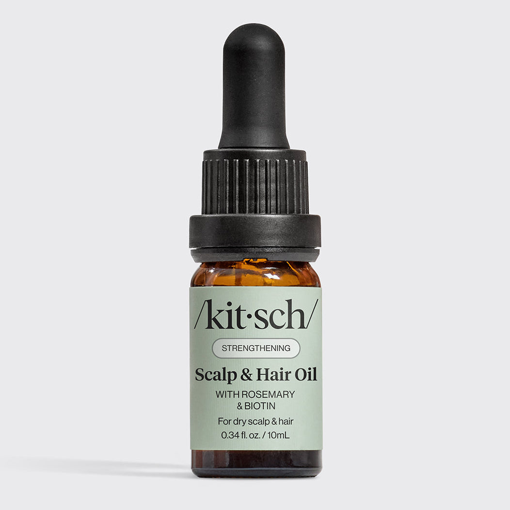 KITSCH Strengthening Rosemary & Biotin Scalp & Hair Oil 0.34fl oz./10mL — hero product shot — 100% plant-based oil formulated with rosemary extract and biotin — supports scalp health & hair strength from root to tip