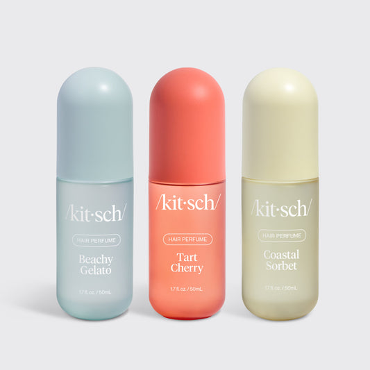 Kitsch Fruity Summer Trio – Tart Cherry, Beachy Gelato, and Coastal Sorbet hair perfumes styled together