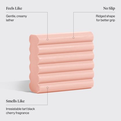 KITSCH Cleansing Tart Cherry Solid Body Wash — product infographic — Infused with a refreshing scent reminiscent of tart black cherries — easy-grip design features a ridged shape for better handling and application