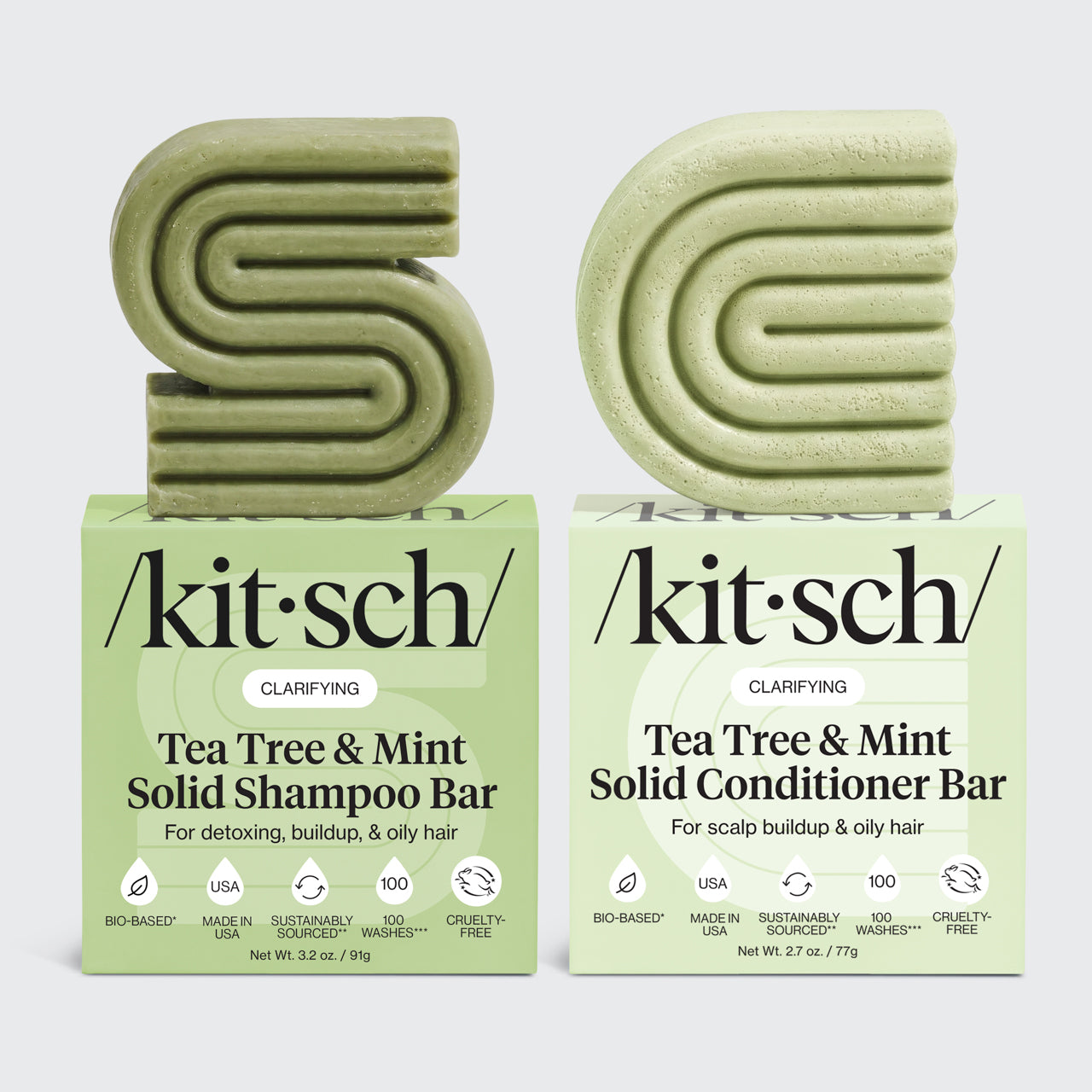 KITSCH Tea Tree & Mint Clarifying Shampoo & Conditioner Bar Combo — both bars shown side by side: Solid Shampoo Bar 3.2oz and Solid Conditioner Bar 2.7oz — CLARIFYING, For detoxing, buildup and oily hair — Bio-Based, Made in USA, Sustainably Sourced, 100 Washes, Cruelty-Free
