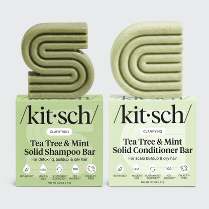 KITSCH Tea Tree & Mint Clarifying Shampoo & Conditioner Bar Combo — both bars shown side by side: Solid Shampoo Bar 3.2oz and Solid Conditioner Bar 2.7oz — CLARIFYING, For detoxing, buildup and oily hair — Bio-Based, Made in USA, Sustainably Sourced, 100 Washes, Cruelty-Free