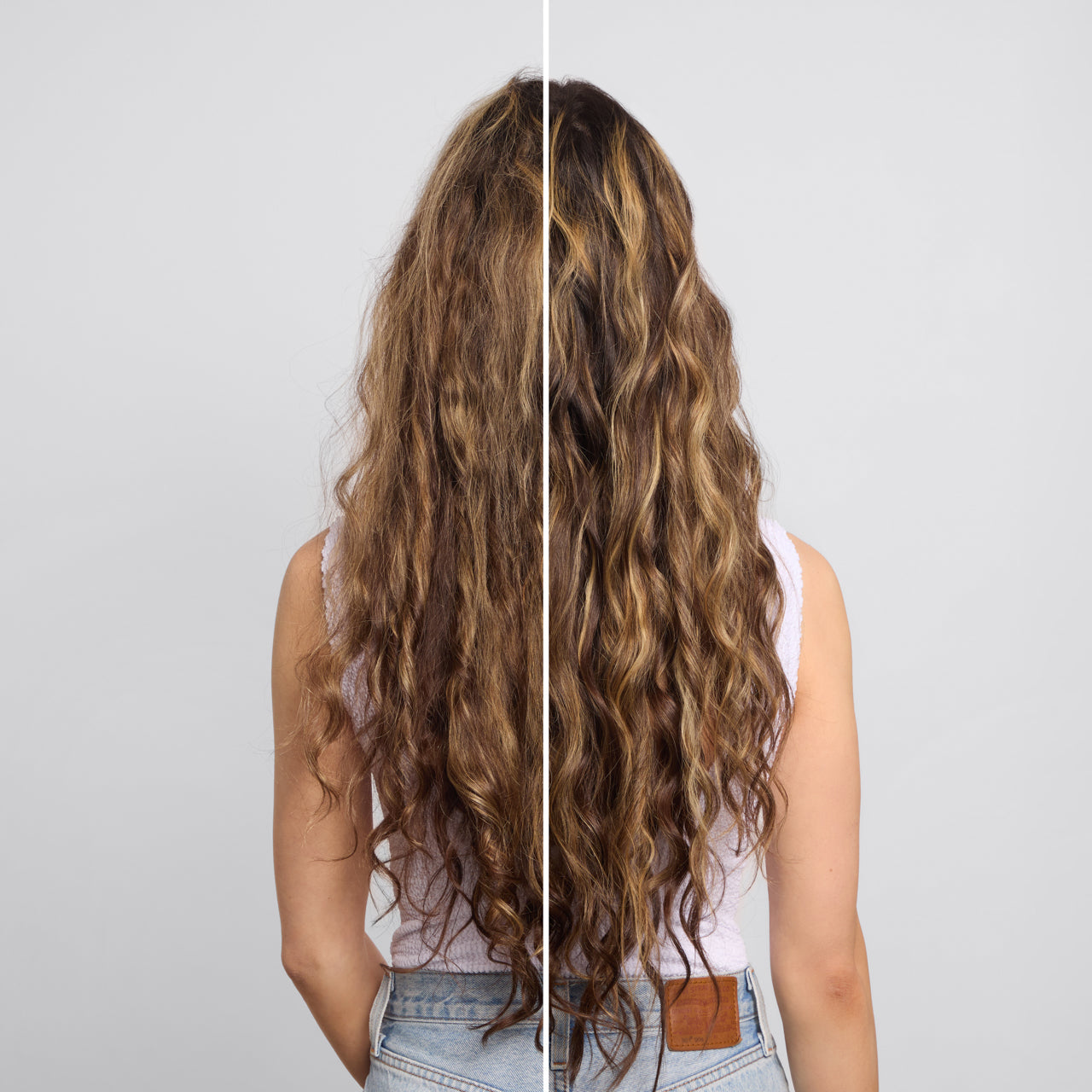 KITSCH Texturizing Sea Salt Spray — before & after split shot, back view of female model — left: straight flat hair before | right: defined beachy textured waves after — crunch-free formula with Amaze® SP polymer