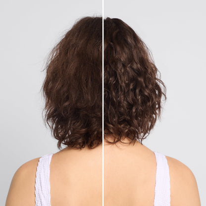 KITSCH Texturizing Sea Salt Spray — before & after split shot, back view of female model — left: limp hair before | right: voluminous beach waves after — Amaze® SP polymer seals cuticle for frizz-free, humidity-resistant volume