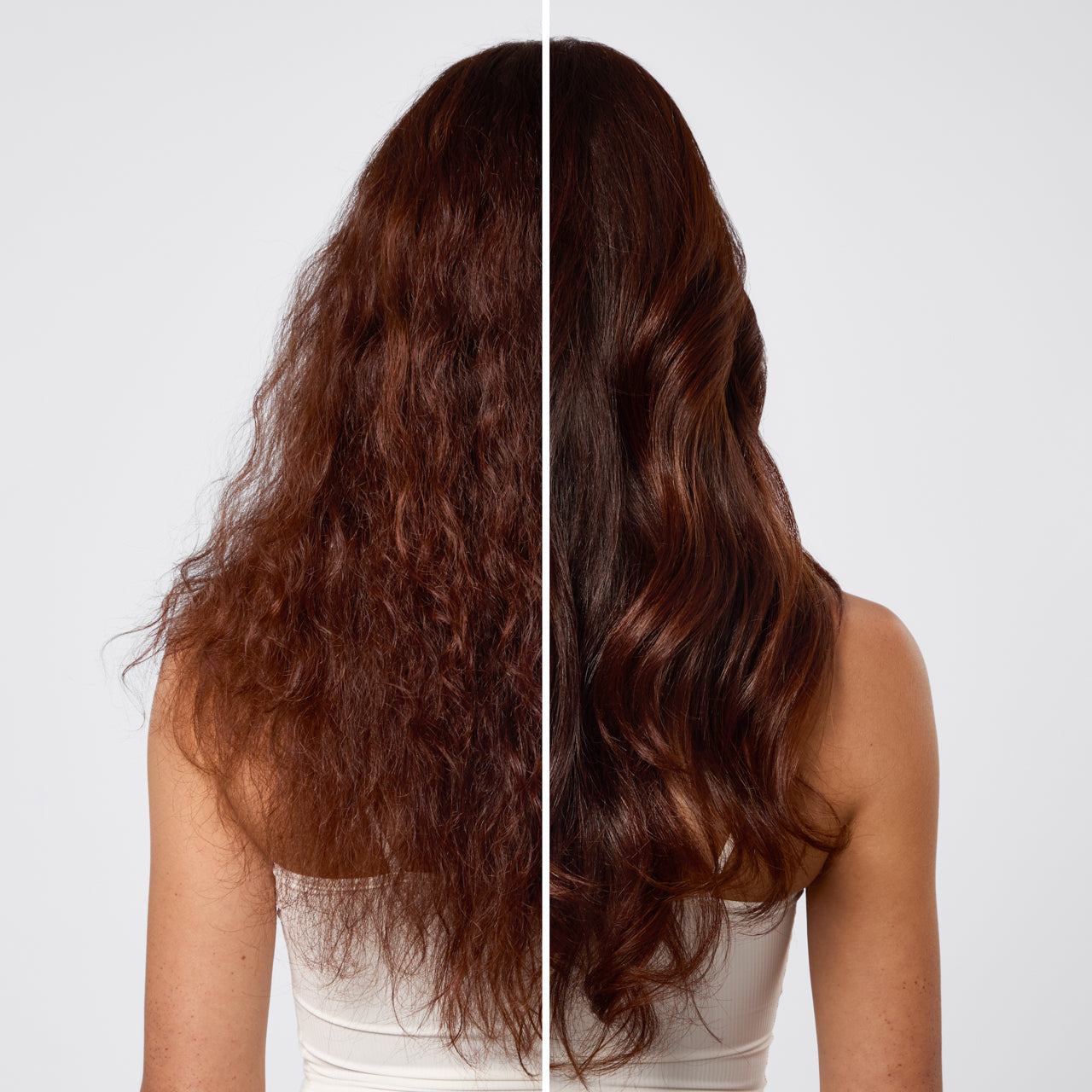 KITSCH Repairing Argan Oil Shampoo & Conditioner Bar Combo — before & after split shot, back view of female model with long dark brown hair — left side: frizzy dry damaged hair before | right side: smooth glossy sleek results after — Strengthens hair fibers to reduce breakage and improve elasticity — Formulated with Everbond® to help reverse and repair hair damage